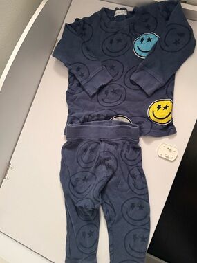 Little Mish Navy Smiley Face Thermal Pajama Set with Colorful Patches